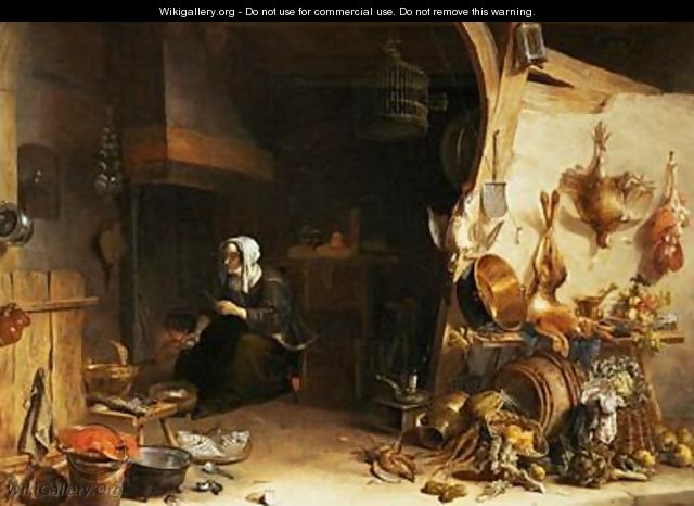A Kitchen Interior with a Servant Girl Surrounded by Utensils Vegetables and a Lobster on a Plate - Cornelis van Lelienbergh