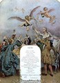 Ritz Restaurant menu depicting a group of elegant 18th century men and women drinking champagne served by cherubs - Maurice Leloir