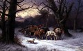 Horses Pulling a Log Cart in a Winter Landscape - Alexis de Leeuw