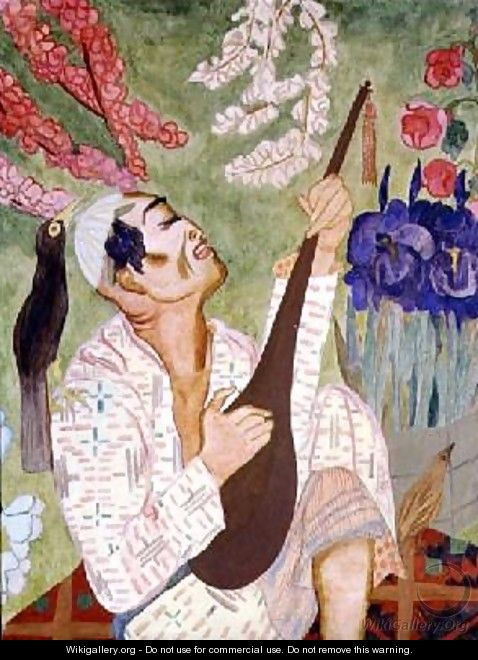 Japanese Man Playing a Lute - Nadezhda Vladimirovna Lermontova