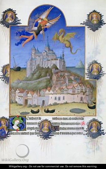 St Michael defeating the dragon above Mont St Michael - Pol de Limbourg