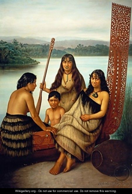 Three Maori girls and a boy sitting on a large carved Maori canoe by a lake 1899 - Gottfried Lindauer