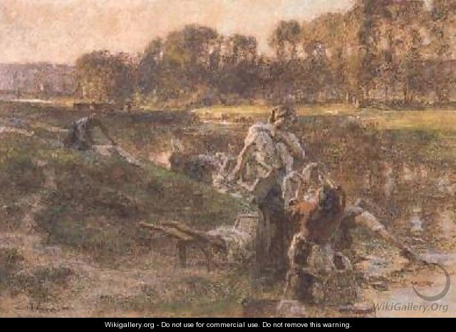 Washerwomen in sunlit river landscape - Leon Augustin Lhermitte