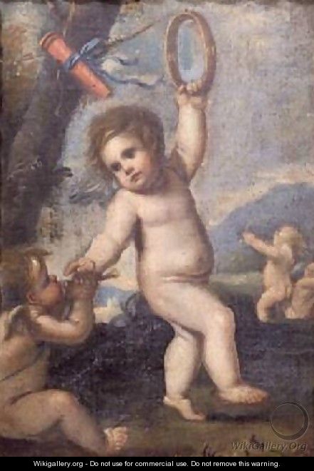 Cupid and other putti playing in a landscape - Pietro Liberi