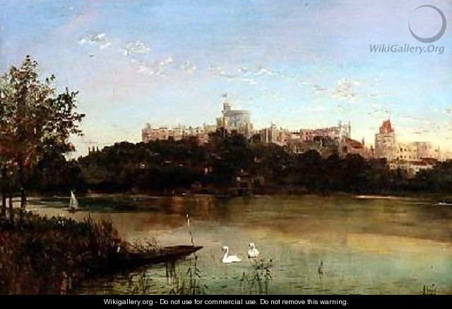 Figures in a Punt and Swans on the Thames with Windsor Castle in the background - J. Lewis