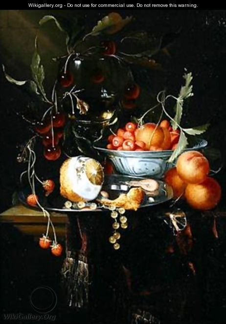 Still life of a peeled lemon with prawns and whitecurrants on a pewter dish - Harmen Loeding