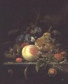Still Life of Fruit and Nuts on a Stone Ledge - Abraham Mignon