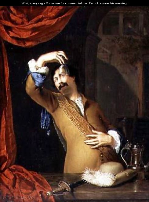 A Cavalier Standing at a Window Examining a Roemer - Willem van Mieris