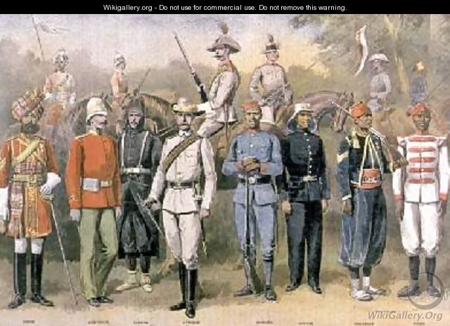 English colonial armies in their respective uniforms in celebration of the Jubilee of Queen Victoria 21 June 1883 illustration from Le Petit Journal 1899 - P.H.G.V. Michel
