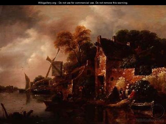 Houses and a Windmill by a River with Boats and Fisherfolk - Claes Molenaar (see Molenaer)