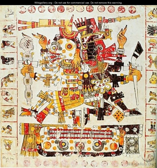 Facsimile copy of a page of the Borgia codex depicting Death and Life gods placed side by side - Mixtec