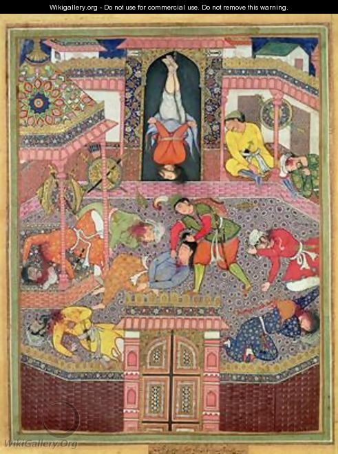 Murder Scene miniature of the Mughal period possibly from the Khamsa tales of Nizami 1570 - (attr. to) Mir Sayyid