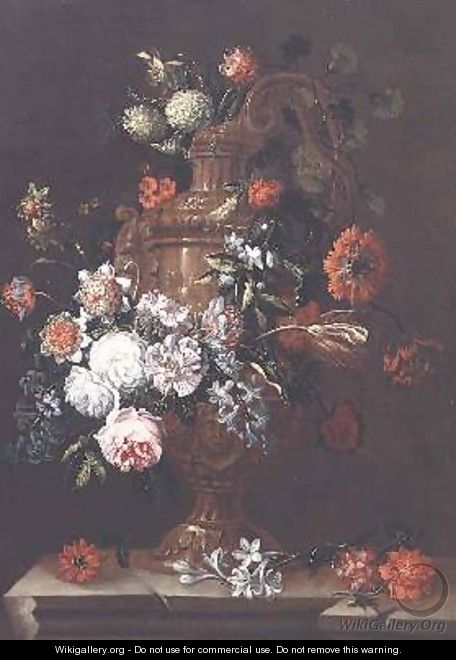 Still Life with Roses Tulips and other Flowers in an Urn on a Stone Ledge - Jean-Baptiste Monnoyer