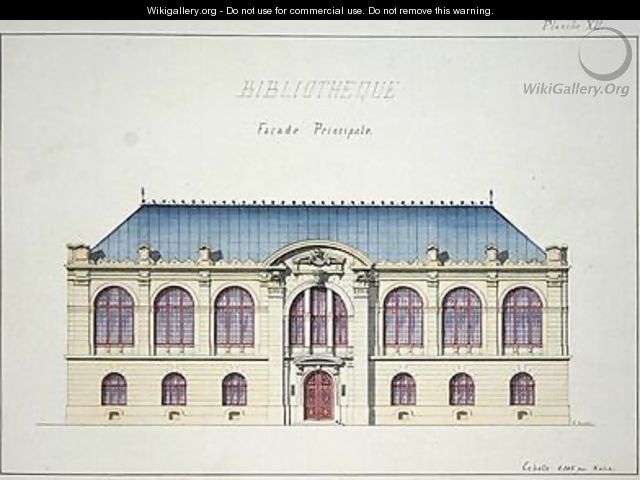 Main facade of a Library plate XII from a folio of designs - H. Monnot