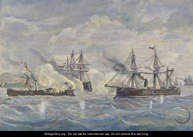 Naval Combat beween the Peruvian Ship Huascar against the Chilean Blanco Encalada and the Cochrane in 1879 - Rafael Monleon y Torres