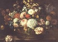 Peonies tulips narcissi and other flowers in a basket 2 - Jean-Baptiste Monnoyer