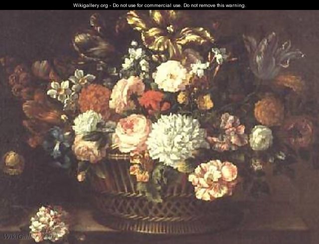 Peonies tulips narcissi and other flowers in a basket - Jean-Baptiste Monnoyer