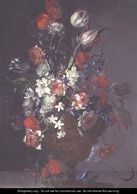 Tulips roses and other flowers in a vase on a ledge - Jean-Baptiste Monnoyer