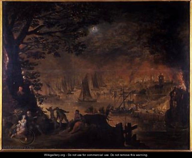 Burning town by the sea - Joos or Josse de, The Younger Momper
