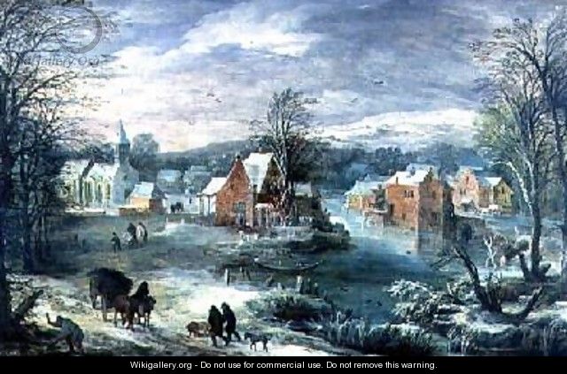 Village Landscape in Winter - Joos or Josse de, The Younger Momper