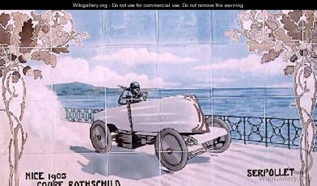 Serpollet driving in the Rothschild Cup of 1903 in Nice ceramic tiles manufactured by Gilardoni Fils et Cie of Paris - Ernest Montaut