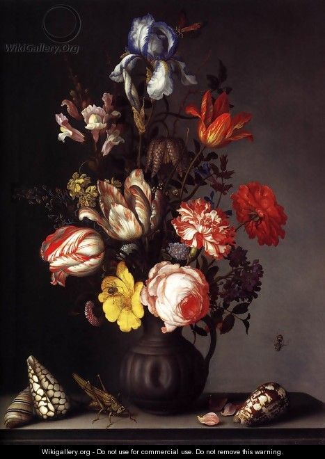 Flowers in a Vase with Shells and Insects - Balthasar Van Der Ast