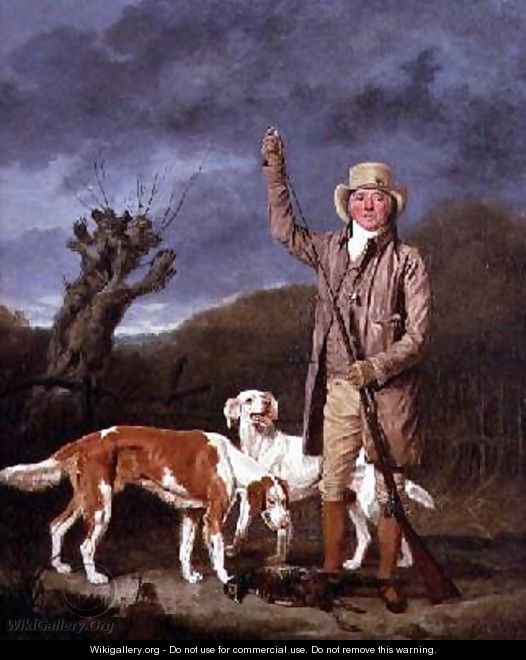 A Sportsman loading a flintlock gun with two retrievers and a dead pheasant in a landscape - Benjamin Marshall