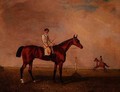 Bay racehorse with jockey on a racecourse - Lambert Marshall
