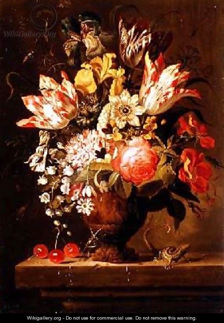 Still Life of Flowers in a Vase with a Lizard on a Ledge - Jacob Marrel