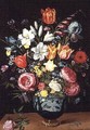 A Still Life of Flowers in a Porcelain Vase Resting on a Ledge - Phillipe de Marlier