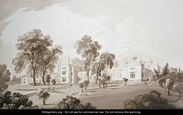 View of the Farm House with Screen to Stables and Farm buildings to Sezincote House - John Martin