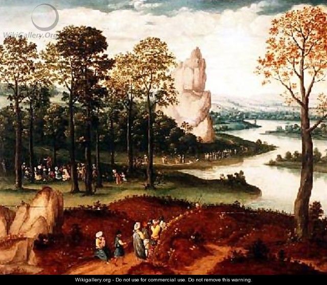 An extensive wooded river landscape with St John the Baptist preaching - Cornelis Massys