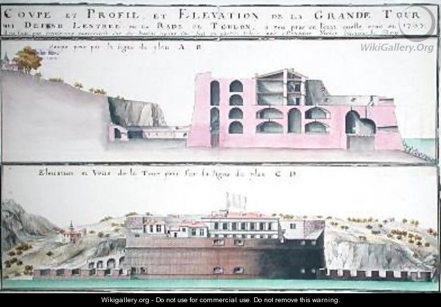 Cross-section and elevation of the harbour tower at Toulon from Traite de Fortifications - Claude Masse