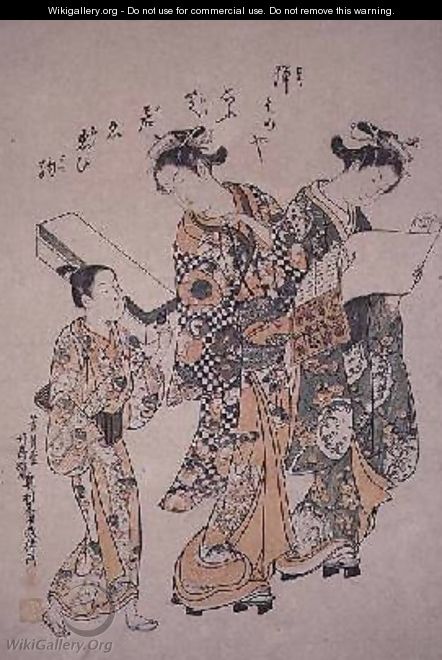 Two geisha and a boy carrying a shamisen case Edo Period 1756 - Okumura Masanobu