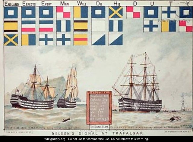 Nelsons signal at Trafalgar in 1805 from The Boys Own Paper to commemorate HMS Victory moored at Portsmouth 1885 - Walter William May
