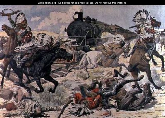 A Train Attacked by a Tribe of Red Skins in Arizona illustration from Le Petit Journal 1906 - Fortune Louis Meaulle