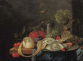 Oysters and a prawn on a pewter plate, a partly peeled lemon, plums, grapes and cherries on a partly draped table - Guilliam van Deynum