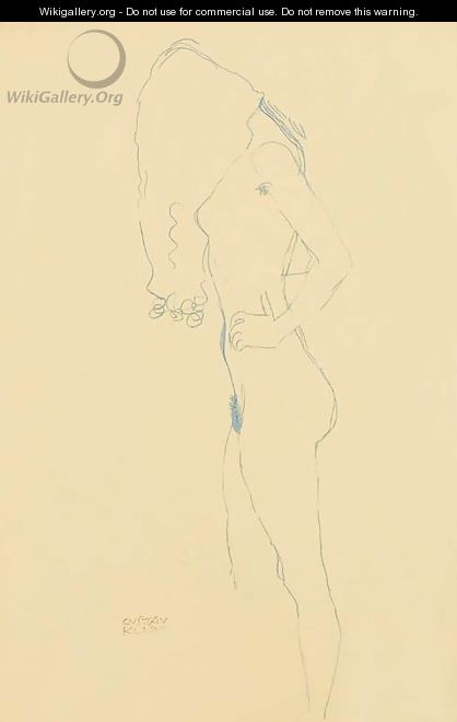 Stehender Madchenakt nach links, das Gesicht durch die Haare verdeckt - Gustav Klimt