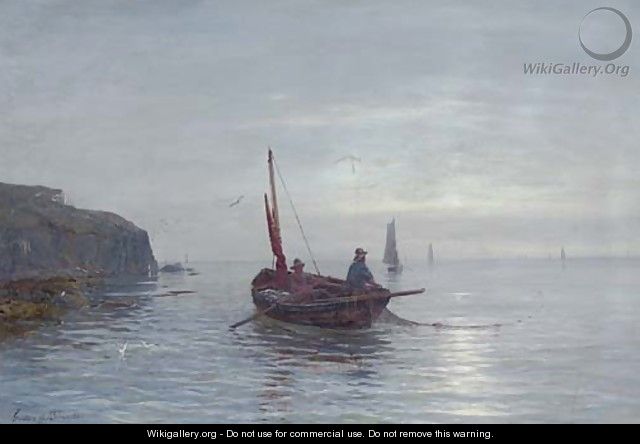 Fishing off a coastline at dusk - Gustave de Breanski