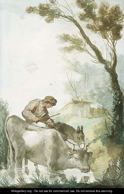A Shepherd crossing a Ford with a Cow and a Donkey - Giuseppe Bernardino Bison