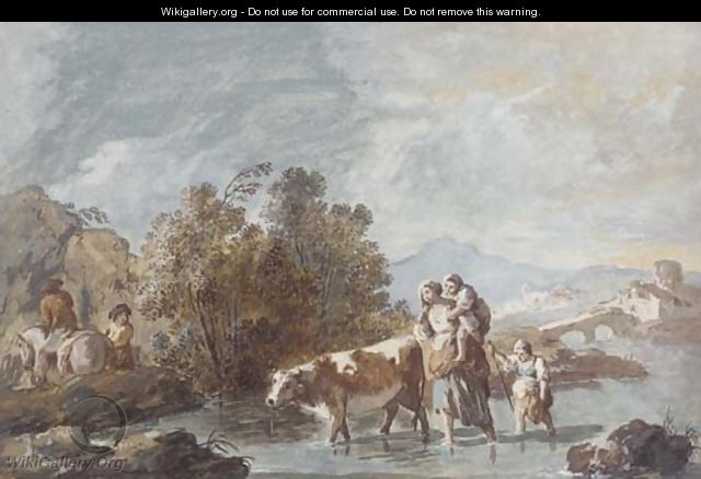 A family crossing a stream with a cow - Giuseppe Bernardino Bison