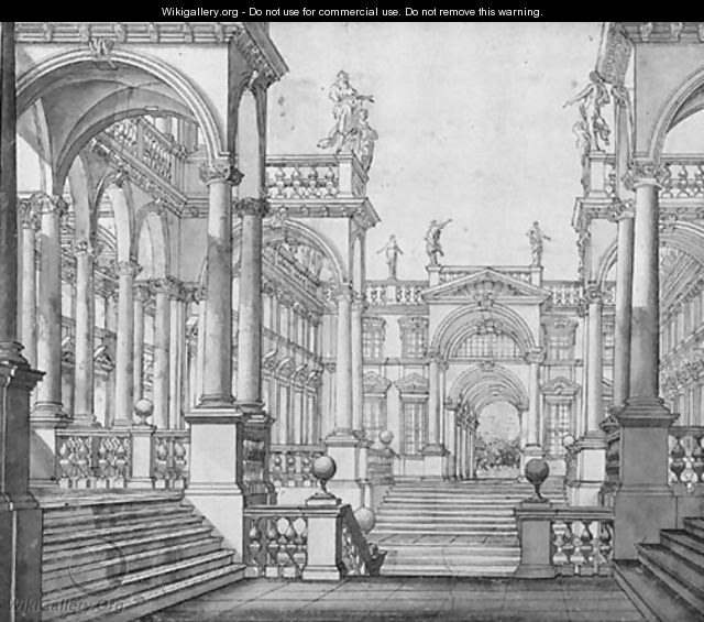 The courtyard of a palace with porticos surmounted by statues design for the stage - Giuseppe Galli Bibiena