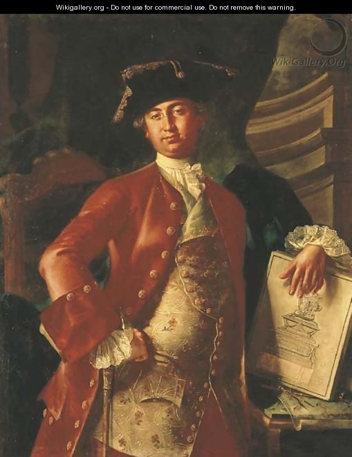 Portrait of a gentleman, three-quarter-length, in a red coat and embroidered waistcoat, holding a project for a monument - Giuseppe Bonito