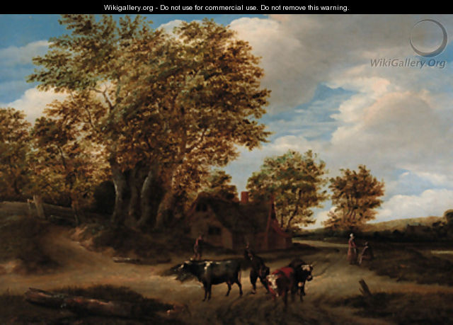 A wooded landscape with a herdsman and cattle on a track, peasants and a cottage beyond - Godaert Kamper
