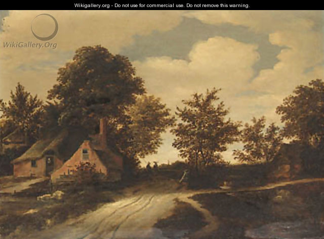 A hamlet with peasants on a path in a wooded landscape - Godaert Kamper