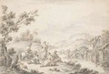 Hommes et femme se reposant au bord d'une riviere, un moulin aA  l'arriere-plan - Giuseppe Zais