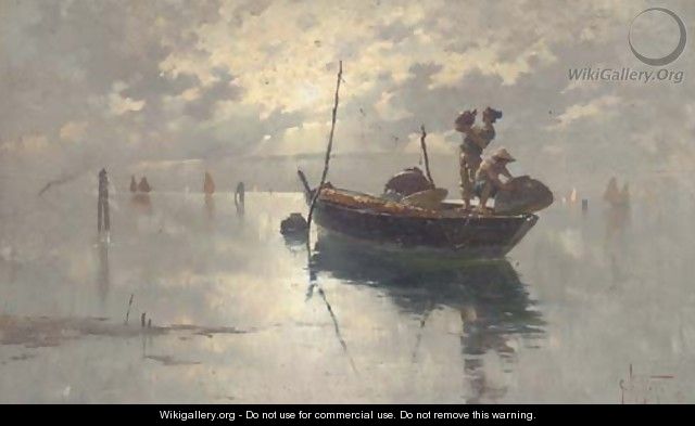 Fishermen on the Venetian Lagoon, dusk - Giuseppe Vizzotto Alberti