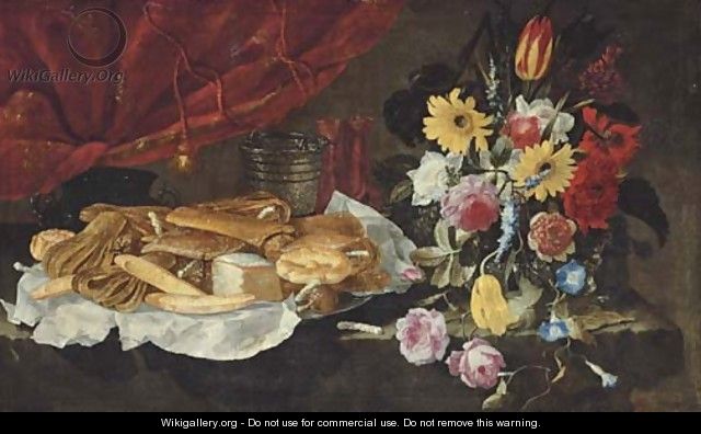 Roses, carnations, tulips and other flowers in a glass vase, with pastries and sweetmeats on a pewter platter, on a stone ledge - Giuseppe Recco