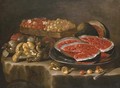 A still life of watermelon on a silver charger, berries in a basket, and a pomegranate, quinces and mushrooms on a stone ledge - Giuseppe Recco