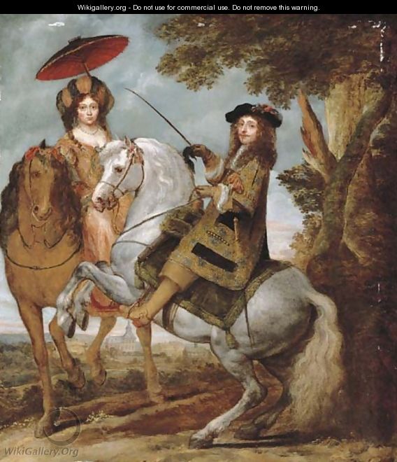 An equestrian portrait of an elegant gentleman and lady in a wooded landscape, a village beyond - Gonzales Coques